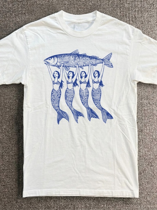 Tops - White T-Shirt with Blue Mermaid Fish Graphic - Pets Fish